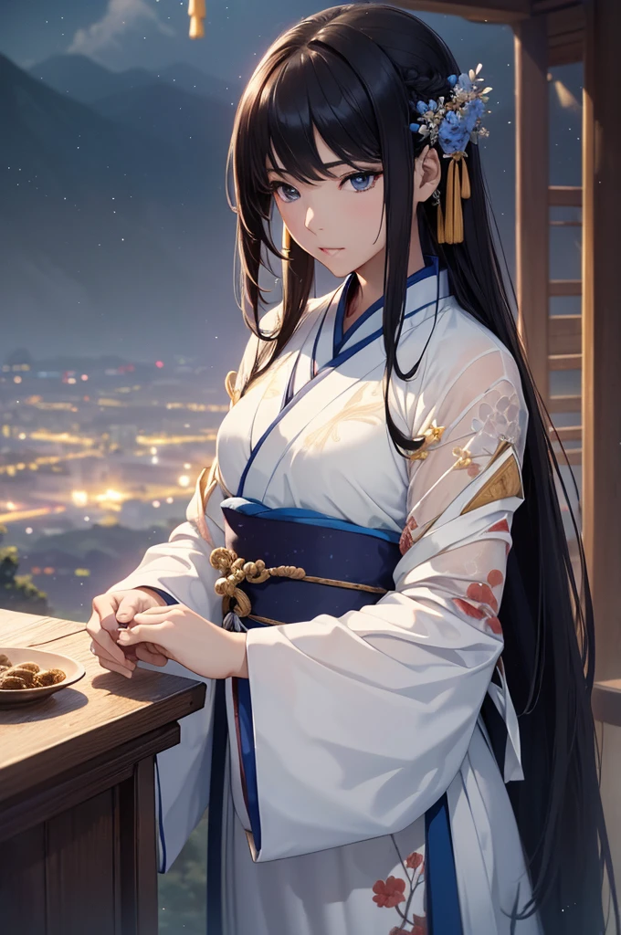 Starry sky and fog cover the landscape.Rich historical background. (Highest quality,4K,8k,High resolution,masterpiece:1.2), Very detailed, (Realistic,Realistic,Photorealistic:1.37), High resolution, Hyper HD, Studio Lighting, Ultra-fine painting, Sharp focus, Physically Based Rendering, Very detailed説明, Professional, Vibrant colors, Bokeh, Sports Late, Ancient War Landscapes, Traditional Chinese Painting Techniques, Atmospheric lighting, Vivid color contrast, Visually stunning composition, Ethereal atmosphere,Very detailed目と顔, Beautiful attention to detail, Light on the face, (Hanfu: 1.1),Chest is wet and see-through