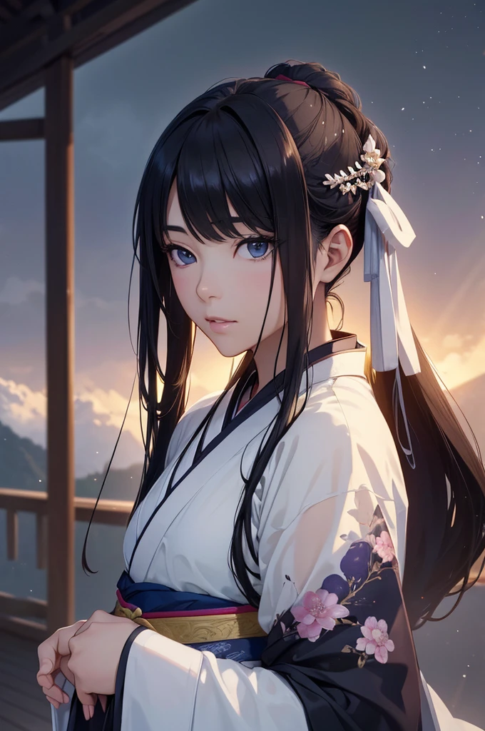 Starry sky and fog cover the landscape.Rich historical background. (Highest quality,4K,8k,High resolution,masterpiece:1.2), Very detailed, (Realistic,Realistic,Photorealistic:1.37), High resolution, Hyper HD, Studio Lighting, Ultra-fine painting, Sharp focus, Physically Based Rendering, Very detailed説明, Professional, Vibrant colors, Bokeh, Sports Late, Ancient War Landscapes, Traditional Chinese Painting Techniques, Atmospheric lighting, Vivid color contrast, Visually stunning composition, Ethereal atmosphere,Very detailed目と顔, Beautiful attention to detail, Light on the face, (Hanfu: 1.1),Chest is wet and see-through