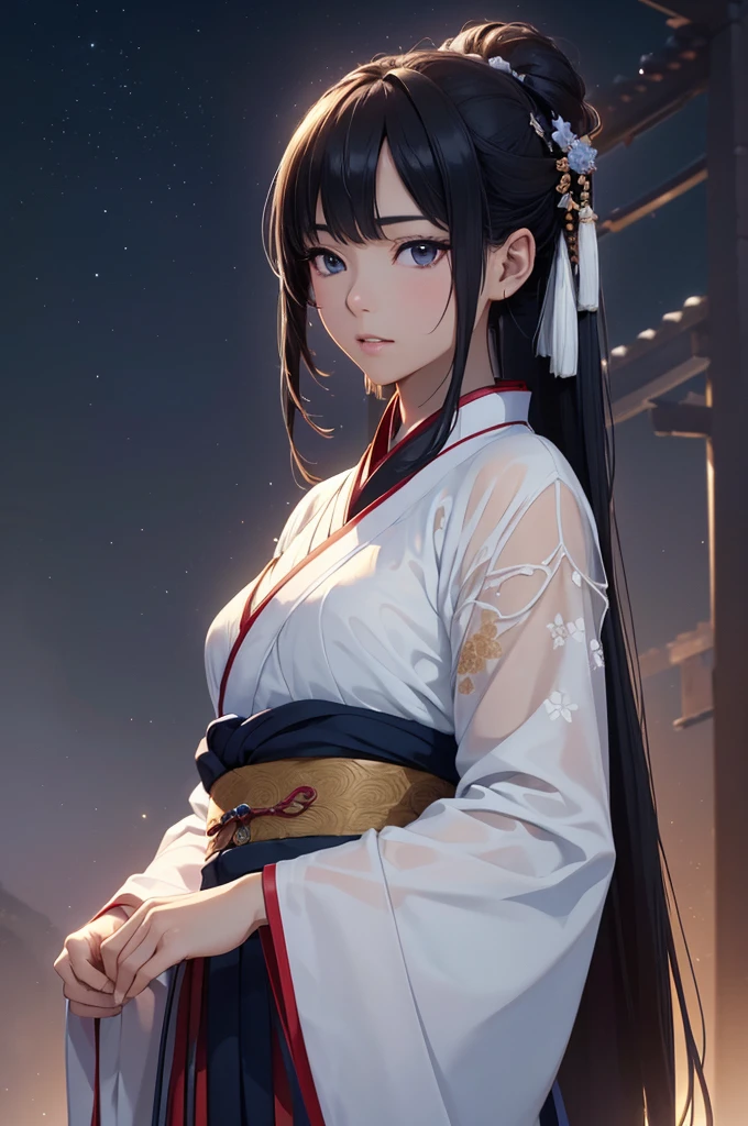 Starry sky and fog cover the landscape.Rich historical background. (Highest quality,4K,8k,High resolution,masterpiece:1.2), Very detailed, (Realistic,Realistic,Photorealistic:1.37), High resolution, Hyper HD, Studio Lighting, Ultra-fine painting, Sharp focus, Physically Based Rendering, Very detailed説明, Professional, Vibrant colors, Bokeh, Sports Late, Ancient War Landscapes, Traditional Chinese Painting Techniques, Atmospheric lighting, Vivid color contrast, Visually stunning composition, Ethereal atmosphere,Very detailed目と顔, Beautiful attention to detail, Light on the face, (Hanfu: 1.1),Chest is wet and see-through