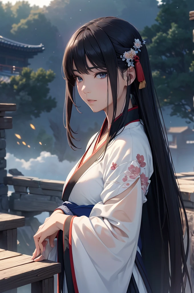 Starry sky and fog cover the landscape.Rich historical background. (Highest quality,4K,8k,High resolution,masterpiece:1.2), Very detailed, (Realistic,Realistic,Photorealistic:1.37), High resolution, Hyper HD, Studio Lighting, Ultra-fine painting, Sharp focus, Physically Based Rendering, Very detailed説明, Professional, Vibrant colors, Bokeh, Sports Late, Ancient War Landscapes, Traditional Chinese Painting Techniques, Atmospheric lighting, Vivid color contrast, Visually stunning composition, Ethereal atmosphere,Very detailed目と顔, Beautiful attention to detail, Light on the face, (Hanfu: 1.1),Chest is wet and see-through