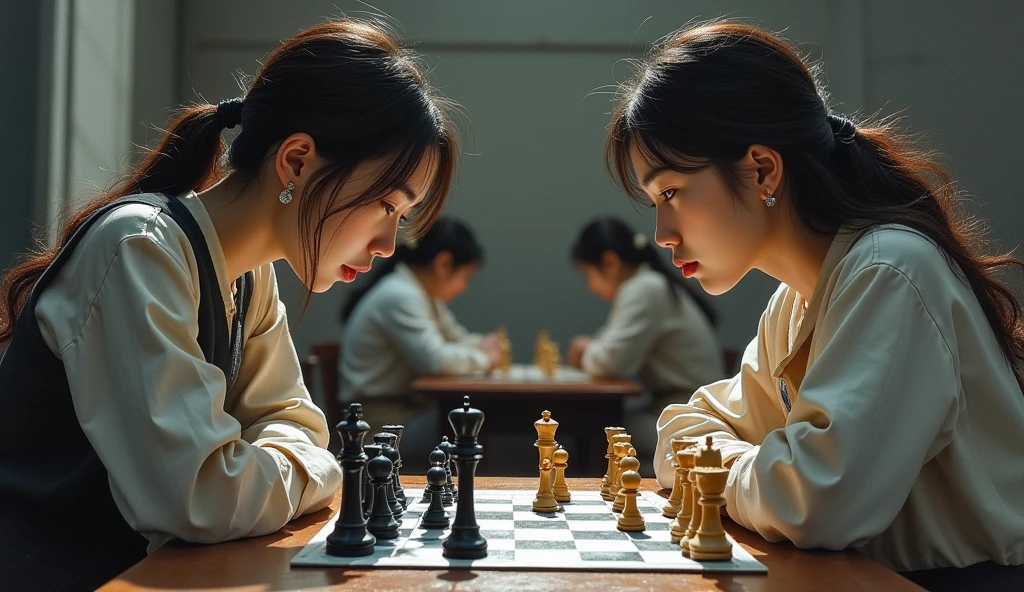 A stunning and oil painting of two young beautiful Korean women, age 16-18, beautifully portrayed with a tensed and melancholic expression are locked in a tense chess match. The chessboard between them is a battlefield of strategic maneuvers and calculated risks. Each move is deliberate. The only sounds are the soft clinks of chess pieces and the occasional murmur of contemplation, as both players remain deeply focused on the game, there are other matches going on in the background. the background is little blur. The atmosphere is charged with concentration and quiet intensity.. wide angle, adding to the sense of unease. The painting exhibits a real-like, impressionistic style, with visible brush strokes that create a sense of depth and texture. The color palette primarily consists of warm tone, grays, and blacks, evoking a light atmosphere.