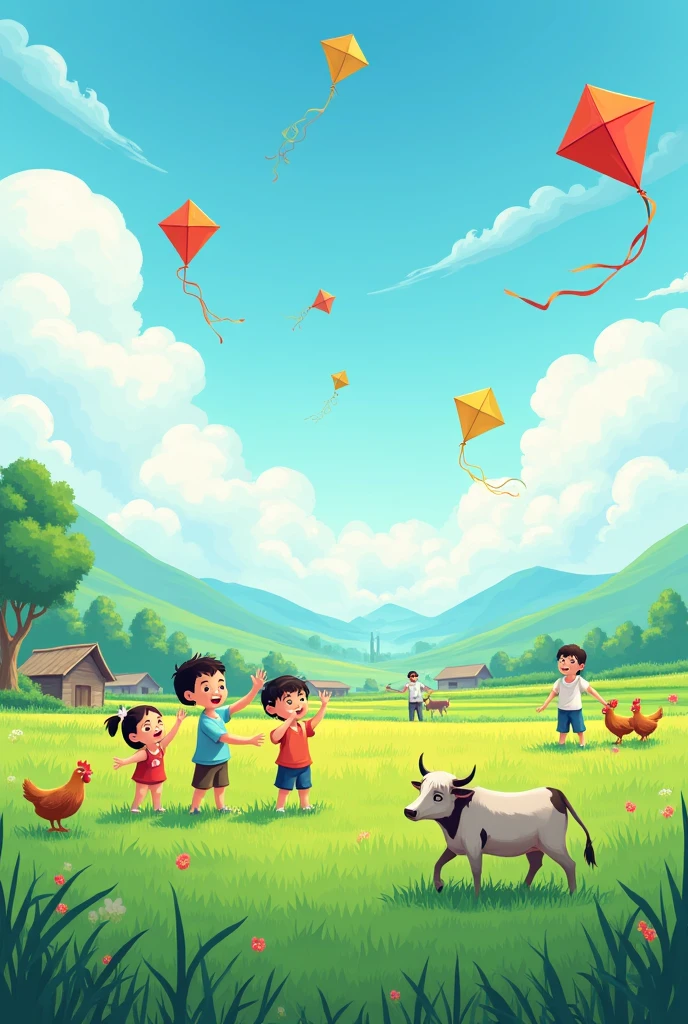 Village environment, big peddy fill farm, kids playing kite, group of a cow and chicken, some people working on peddy fill farm