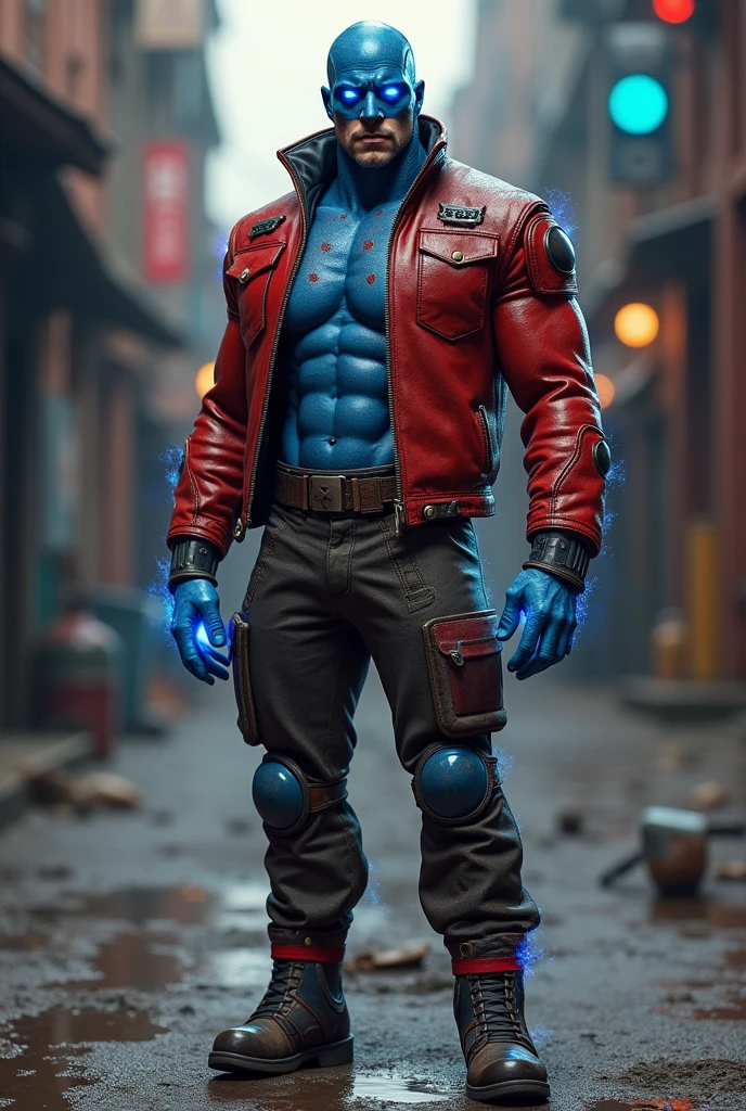 Sucker is a 1930s humanoid hero with blue and red skin., representing his powers to control water and fire. He wears a red leather jacket with blue accents and reinforced pants.. His face is partially covered by a mask, showing your eyes, that shine in blue and red. Sucker carries a utility belt and, when using your powers, marks on your skin shine, intensifying the colors according to the element it manipulates. Make the full body image