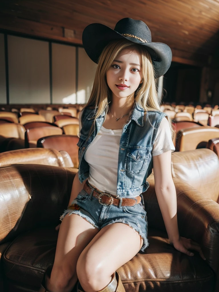 (((Cowgirl outfit))),(((Wear low-waisted denim shorts and long Western boots.))),(((Sit down and kneel down.))),(((Wear a western hat.))),(((wearing leather belt))),(((He wore a leather vest and a plaid shirt in the front.))),(((showความแตกแยก))),(((ต้นขาด้านในbare))),(((bareอกข้าง))),(((Her hair is blonde.))),Ulzzang -6500-v1.1, (raw photos:1.2), (Take realistic photos:1.4), Beautiful girl with details, ดวงตาและใบหน้าที่มีรายVery detailed, Beautifully detailed eyes, Very detailed, high resolution, Highest quality, Masterpiece, Highly detailed, 8K wallpaper, amazing, exquisite details, Highest quality, light on face,movie light,1 girl comes in,(Fort Worth Stockyards Cowtown Coliseum),beautiful eyes,smile,opening the mouth,bare ,show