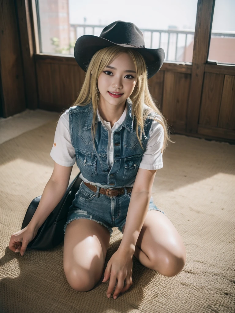 (((Cowgirl outfit))),(((Wear low-waisted denim shorts and long Western boots.))),(((Sit down and kneel down.))),(((Wear a western hat.))),(((wearing leather belt))),(((He wore a leather vest and a plaid shirt in the front.))),(((showความแตกแยก))),(((ต้นขาด้านในbare))),(((bareอกข้าง))),(((Her hair is blonde.))),Ulzzang -6500-v1.1, (raw photos:1.2), (Take realistic photos:1.4), Beautiful girl with details, ดวงตาและใบหน้าที่มีรายVery detailed, Beautifully detailed eyes, Very detailed, high resolution, Highest quality, Masterpiece, Highly detailed, 8K wallpaper, amazing, exquisite details, Highest quality, light on face,movie light,1 girl comes in,(Fort Worth Stockyards Cowtown Coliseum),beautiful eyes,smile,opening the mouth,bare ,show