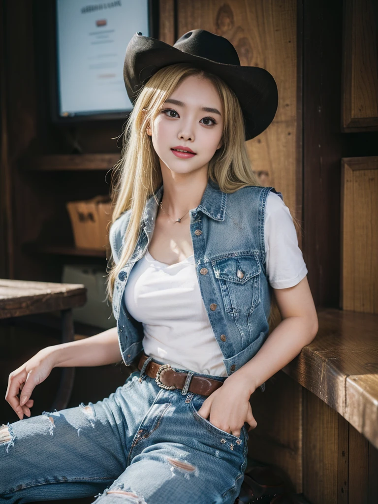 (((Cowgirl outfit))),(((Wear low-waisted denim shorts and long Western boots.))),(((Sit down and kneel down.))),(((Wear a western hat.))),(((wearing leather belt))),(((He wore a leather vest and a plaid shirt in the front.))),(((showความแตกแยก))),(((ต้นขาด้านในbare))),(((bareอกข้าง))),(((Her hair is blonde.))),Ulzzang -6500-v1.1, (raw photos:1.2), (Take realistic photos:1.4), Beautiful girl with details, ดวงตาและใบหน้าที่มีรายVery detailed, Beautifully detailed eyes, Very detailed, high resolution, Highest quality, Masterpiece, Highly detailed, 8K wallpaper, amazing, exquisite details, Highest quality, light on face,movie light,1 girl comes in,(Fort Worth Stockyards Cowtown Coliseum),beautiful eyes,smile,opening the mouth,bare ,show 