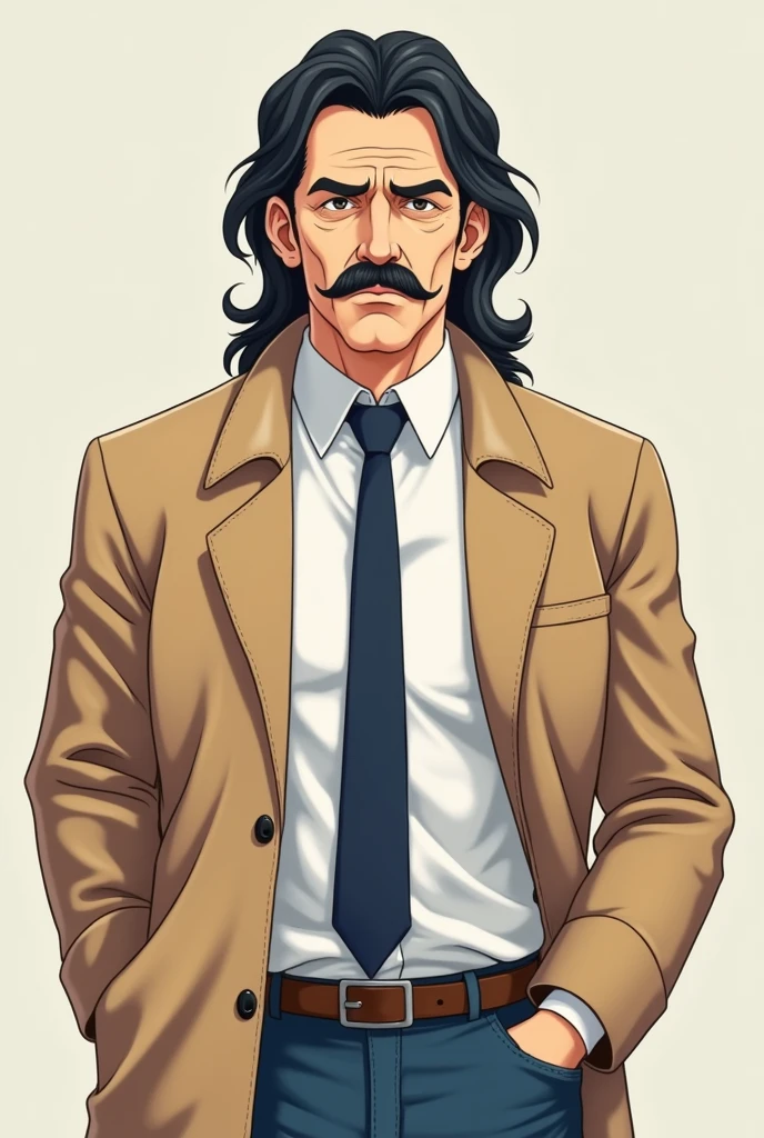 Create a male teacher in his mid 40s, having long dark hair, a mustache and really tired expression, wearing trench coat, a white button up shirt, navy blue tie and jeans pants (Anime styled image)