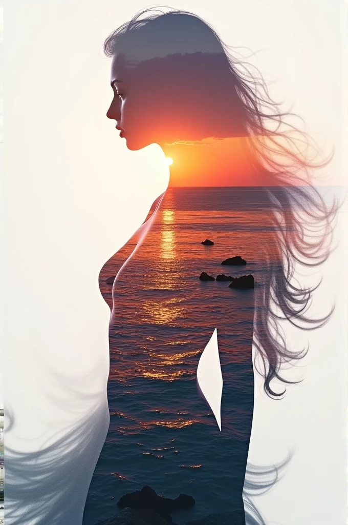 high quality, 8K Ultra HD, A beautiful double exposure that combines an goddess silhouette with sunset coast, sunset coast should serve as the underlying backdrop, with its details incorporated into the goddess , crisp lines, The background is monochrome, sharp focus, double exposure, by yukisakura, awesome full color,