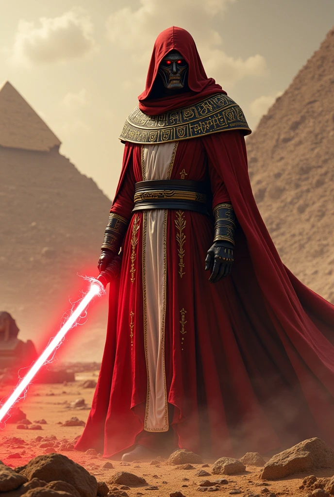 The country egypt as a Sith Lord from Star Wars, colors of the flag (red, white, black, gold), red lightsaber, scary, frightening, ultra-realistic