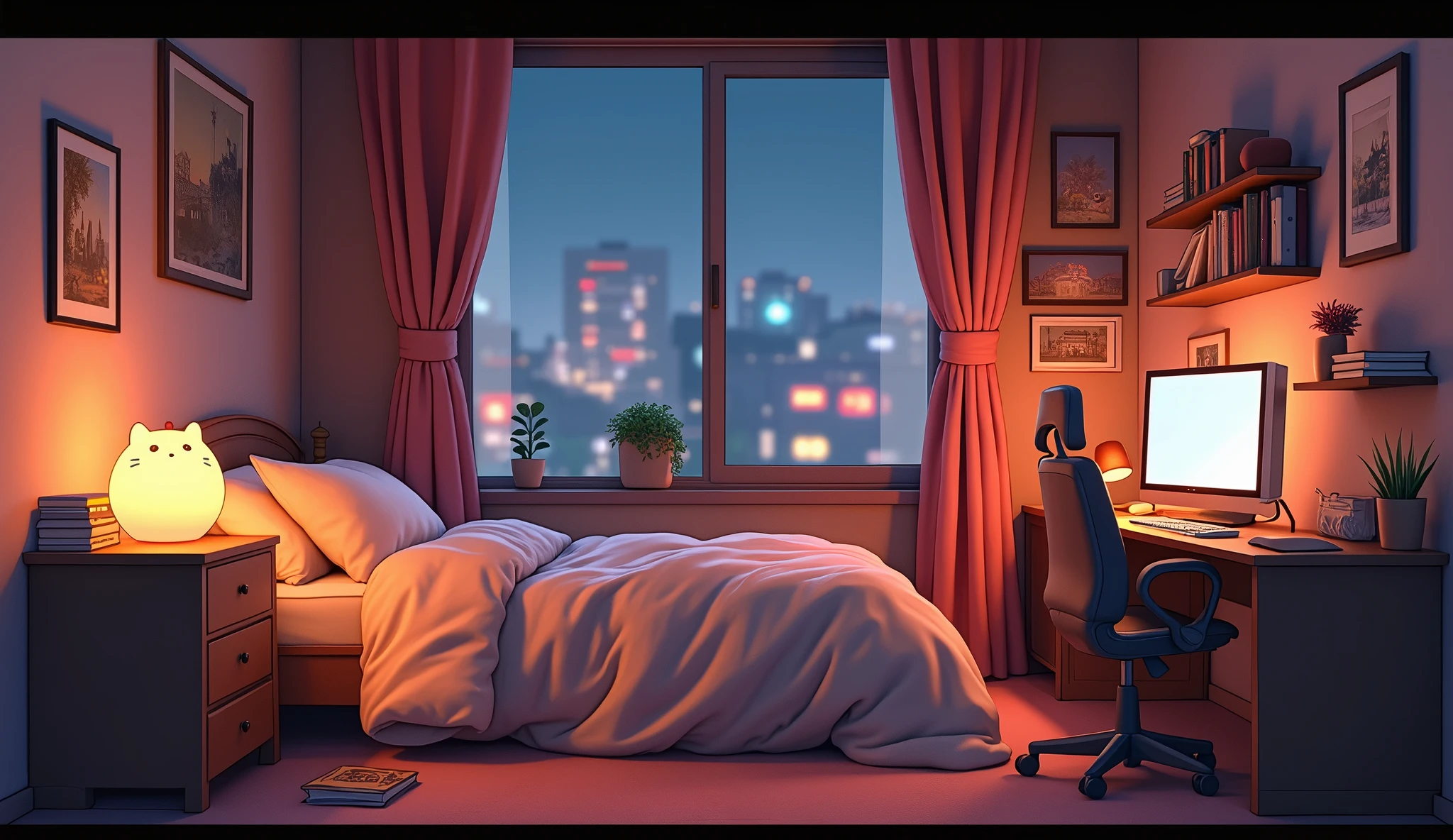A lo-fi girly room , IN warm tones , predominating brown . A bed with a fluffy quilt.On the bedside table a cat lamp with warm lighting , bringing coziness to the bedroom . a table with a gaming computer. textbooks , a kitten plush. A large window overlooking the illuminated buildings. アニメ , high resolution.