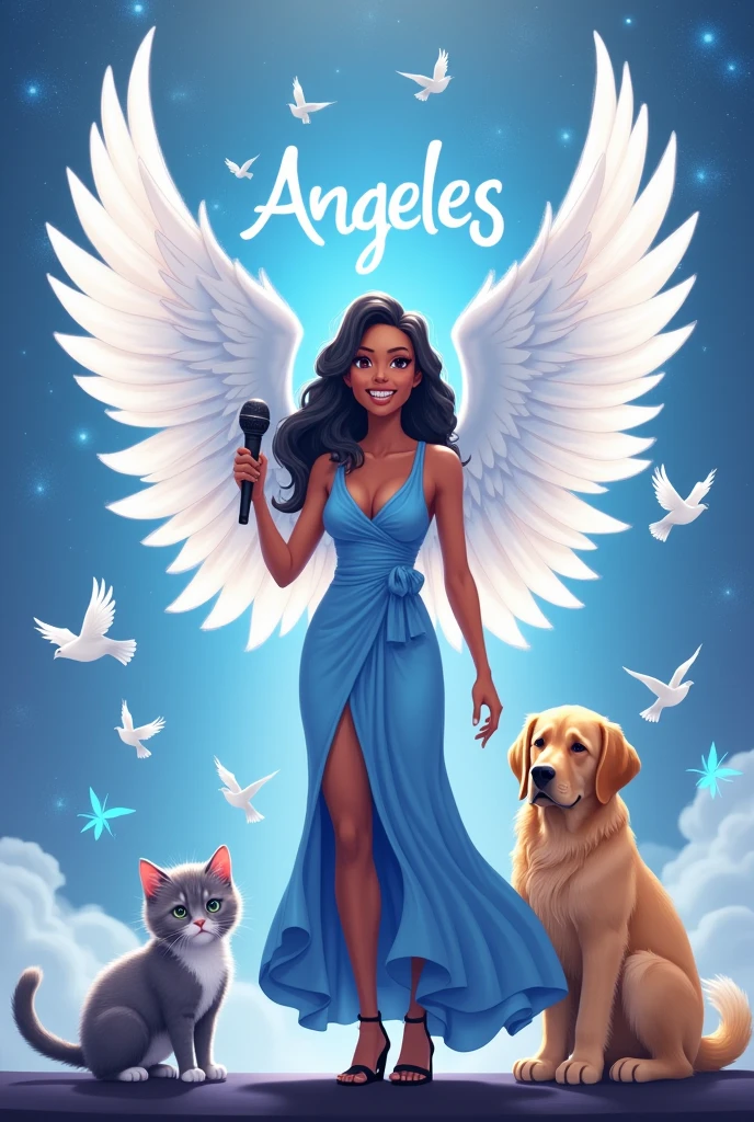 A 26 year old girl with light dark skin ,with big wings like an angel with a smile and has braces on her teeth , her wavy black hair her wide nose with a long blue dress and high black heels like a Goddess on a stage full of white and blue doves and blue butterflies she holding a microphone with her hand , At his side are his 3 pets, a big grey angora kitten, lead-colored all over its body, and his other pet, which is a yellow and white kitten, Her name is Nini, She is smaller, and his last pet, which is a big beige Golden puppy,On stage she has a big name that says Angeles.