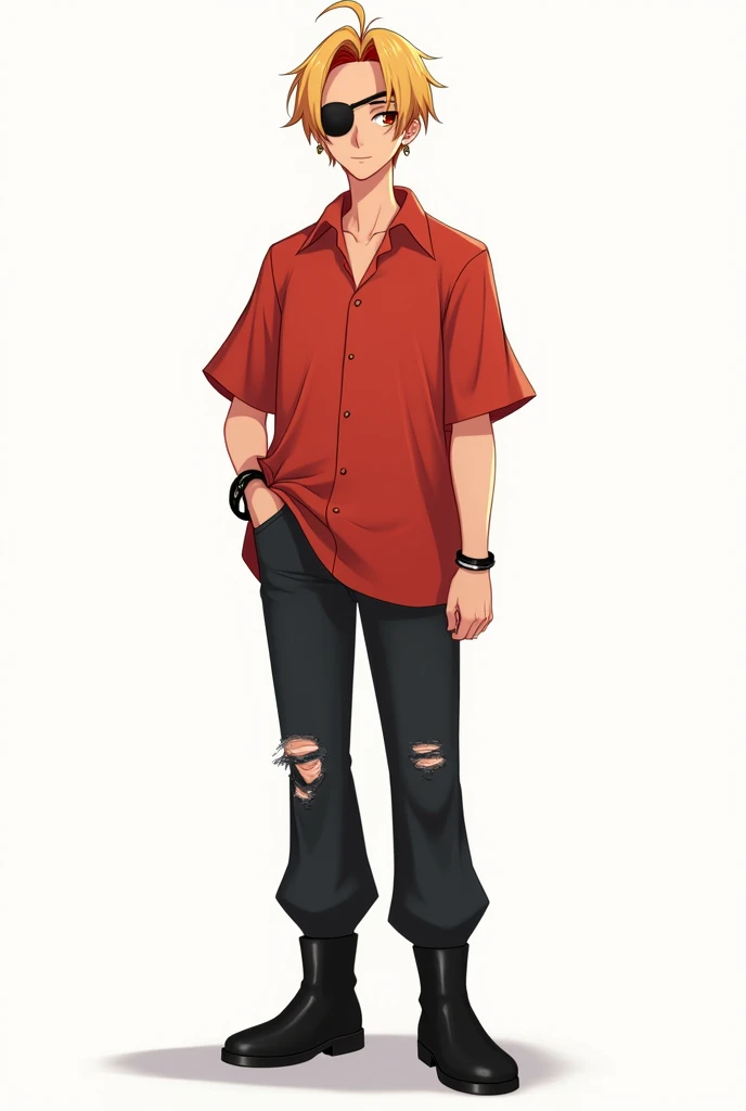 a fair-skinned boy, slightly light brown eyes, straight blonde hair with a red streak in the bangs, he wears an eye patch over his left eye. He is wearing a large red shirt and black jeans with small rips on the knee., and he&#39;s also wearing black boots. He is in a white scenario, and with one hand in his pants pocket, and the other with a black bracelet on the wrist, he has a squint, he is 19 years old, estilo Cartoon Disney.