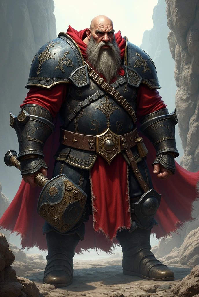 a bald dwarf with a long beard, scar on both eyes. strong and uses a black and red hammer, black and red noble steel armor. 