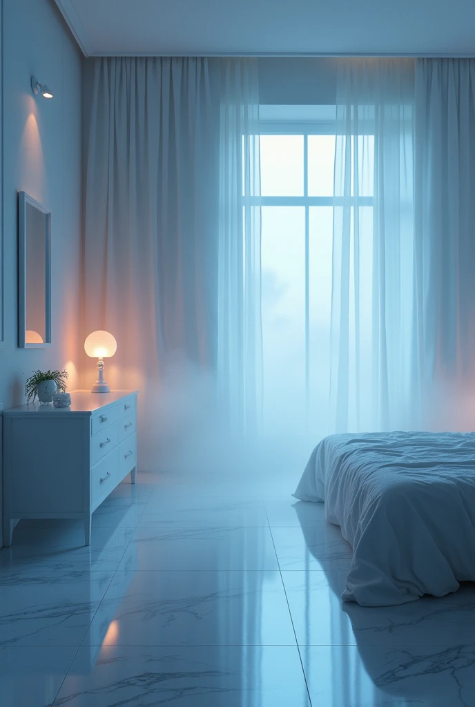 a white dreamy bedroom, foggy, soft focus, cool lighting, muted pastel colors, glowing atmosphere, dramatic shadows, cinematic composition, dream-like quality, ethereal, romantic, soft focus photography, blue hour, midnight, windy, silver white marble, whimsical, hazy, ethereal