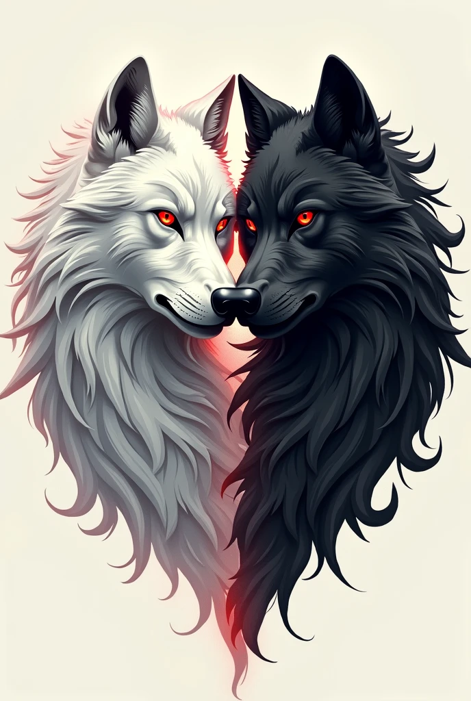 create an image for a tattoo with two wolves, one white and one black, both with red eyes 