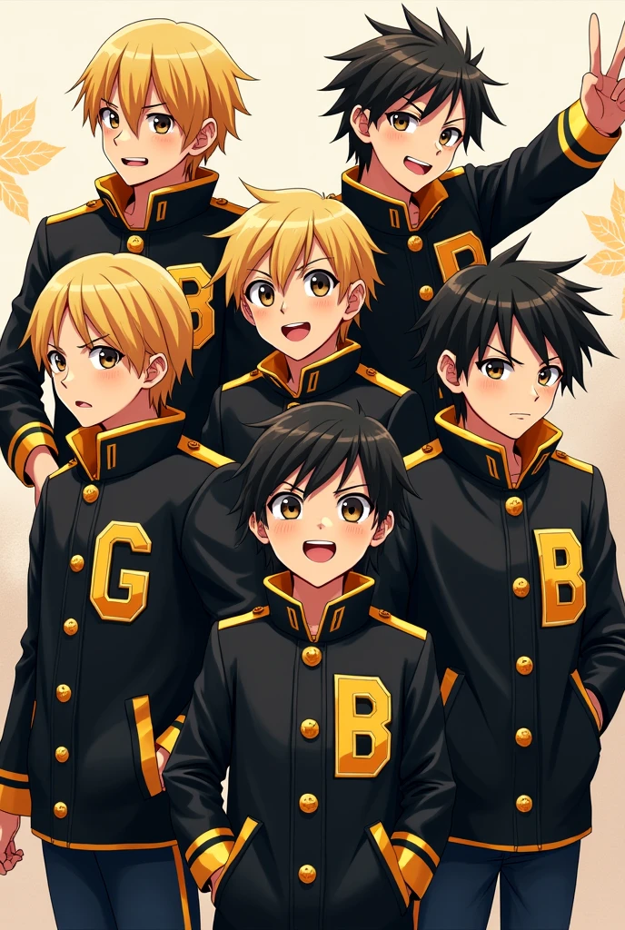 (Anime style) A group of 6 boys wearing black and golden coat G B written on coats

