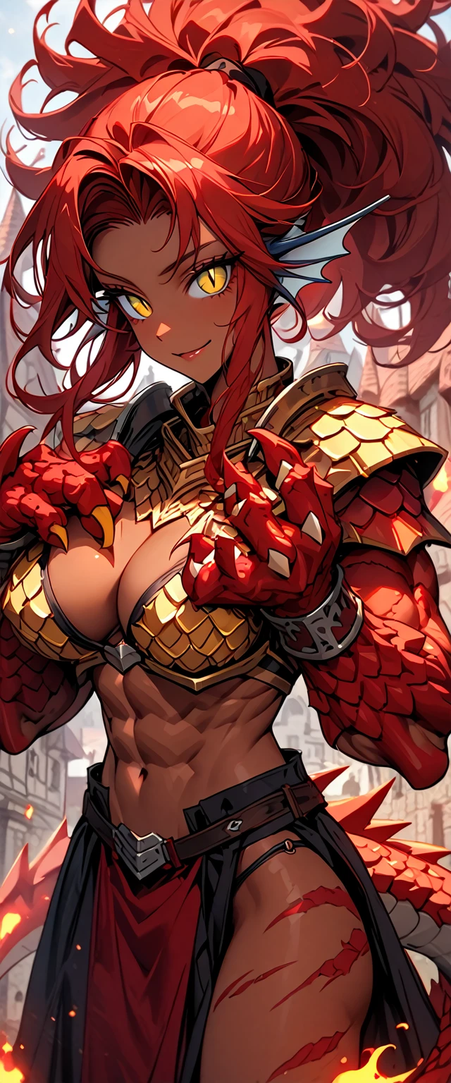 solo, female, close up, very tall, fit, abs, muscular, thin waist, tan, long auburn hair, scars, ponytail, big hair, wild hair, yellow eyes, slit pupils, red dragon tail, red scaly head fins, red scales on arms, scale hands:1.3, dragon claw hands, day, confident smile, bastard sword, scale armor, bikini armor, huge sword, very large breasts, medieval town, confident, abs, fire tail, billowing cape, facing viewer, broad shoulders, large woman