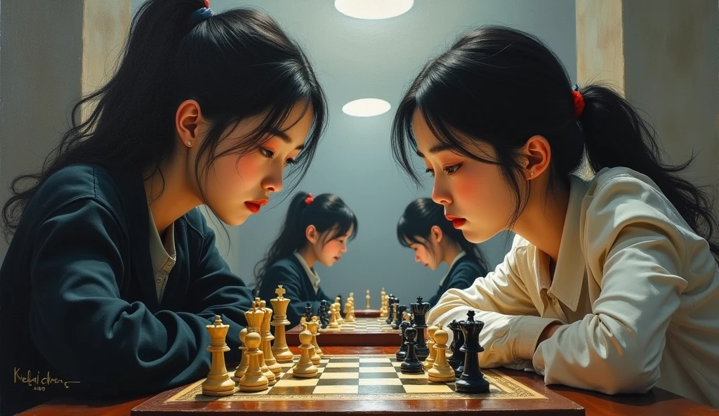 A stunning and oil painting of two young beautiful Korean women, age 16-18, beautifully portrayed with a tensed and melancholic expression are locked in a tense chess match. The chessboard between them is a battlefield of strategic maneuvers and calculated risks. Each move is deliberate. The only sounds are the soft clinks of chess pieces and the occasional murmur of contemplation, as both players remain deeply focused on the game, there are other matches going on in the background. the background is little blur. The atmosphere is charged with concentration and quiet intensity.. wide angle, adding to the sense of unease. The painting exhibits a real-like, impressionistic style, with visible brush strokes that create a sense of depth and texture. The color palette primarily consists of warm tone, grays, and blacks, evoking a light atmosphere.