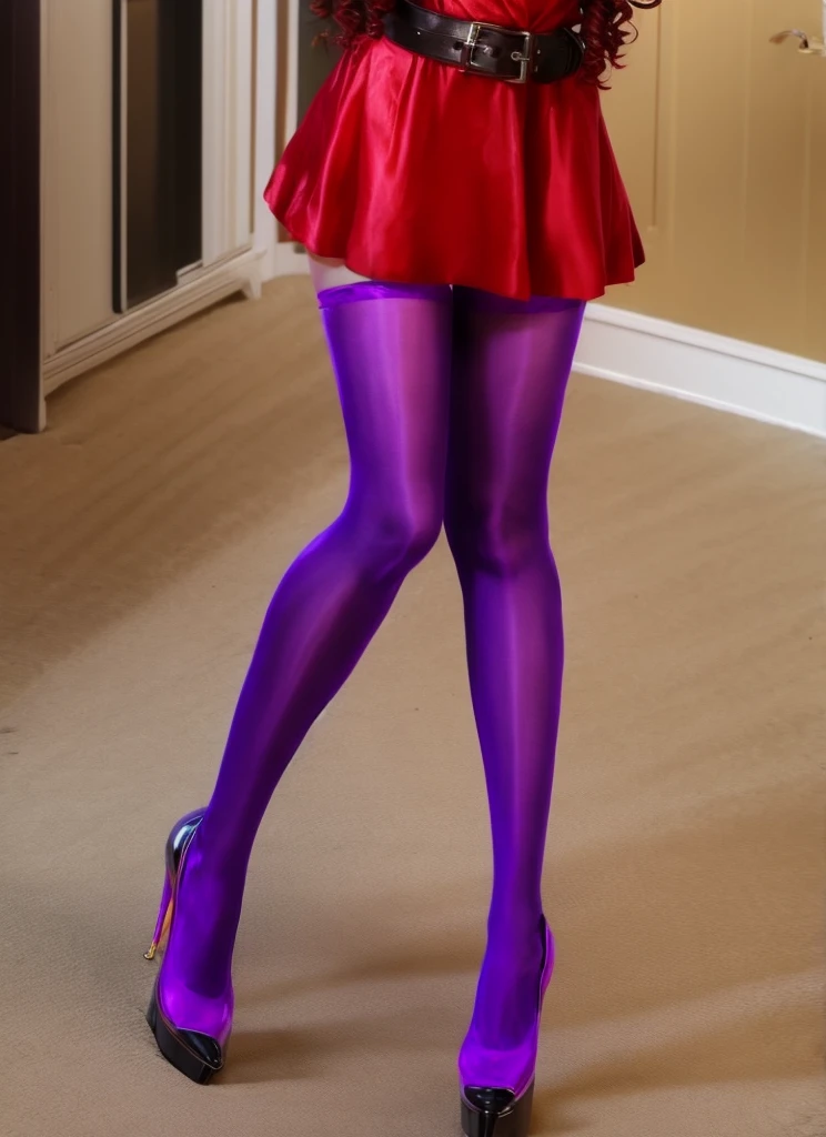 Emma Watson, vampire girl, very curly red hair, gothic clothes, purple pantyhose, high heels, sun shiny day