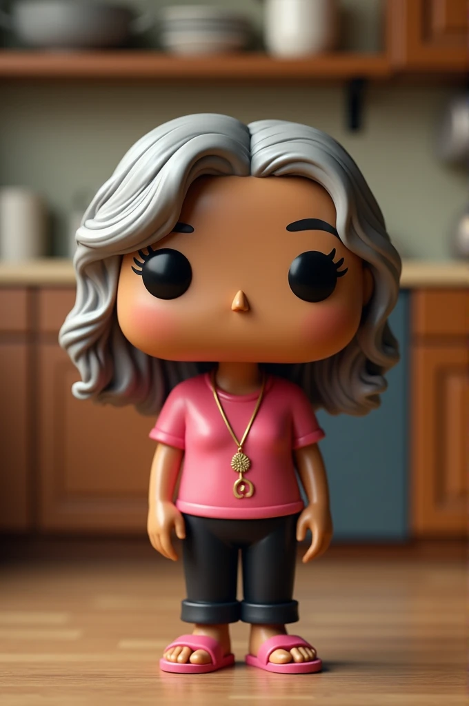 Funko pop of an elderly lady(70 years old) whose name is Eve. with loose brown hair,brown skin,pink shirt, black pants and pink flip flops.fund:grandma&#39;s kitchen