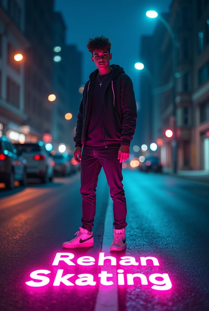A stylish 17-year-old boy is standing on a city street at night. He is wearing a sleek pair of skating shoes, and the street around him is dimly lit by streetlights. The boy has a confident posture, with a cool and modern style. The road in front of him has the words "REHAN SKATING" written in bold, colorful, and vibrant letters, illuminated with a glowing effect, making the text stand out in the night. The cityscape in the background is slightly blurred, emphasizing the boy and the neon-lit words on the road.