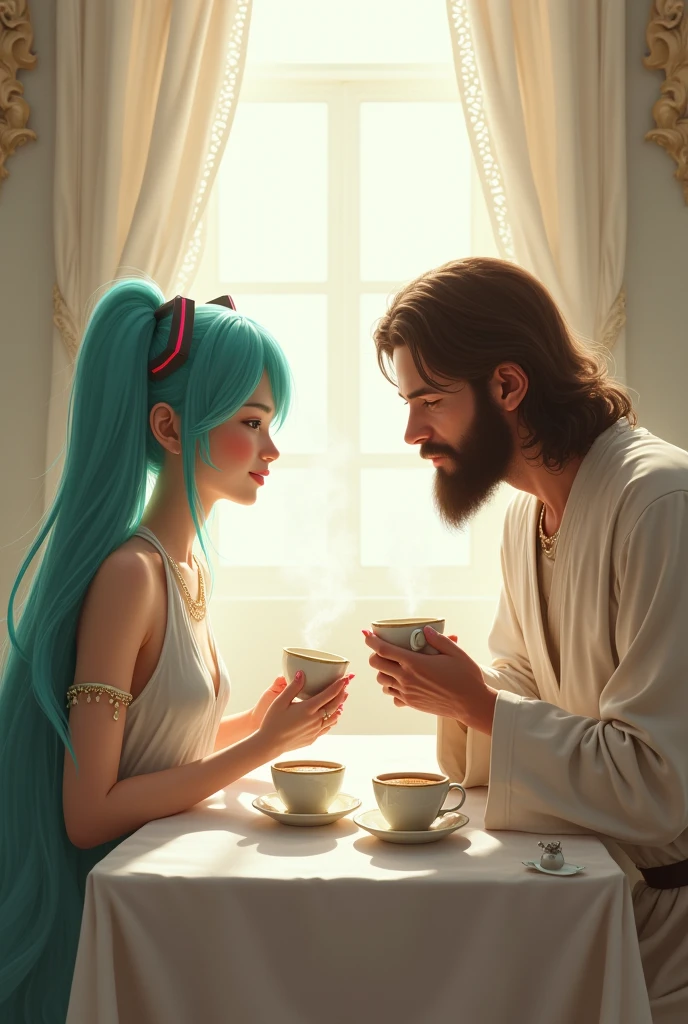 Miku, The virtual vocalist with her signature anime style, sitting at an elegant table with a white tablecloth. In front of her, a delicate porcelain cup with steam rising from it, filled with hot tea. at your side, Jesus, with a friendly smile and a similar cup of tea, enjoying the moment in a peaceful and serene atmosphere.