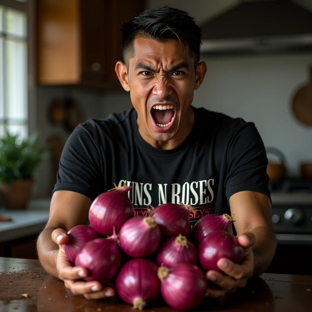 Original photo. Indonesian youth wearing a black Guns N Roses t-shirt. angry expression while holding a lot of red onions in his hand showing to the camera. kitchen atmosphere. Ultra-realistic 8K photo, taken with Leica Q2, strong color contrast and sharp clarity --ar 9:16 --quality 2 --