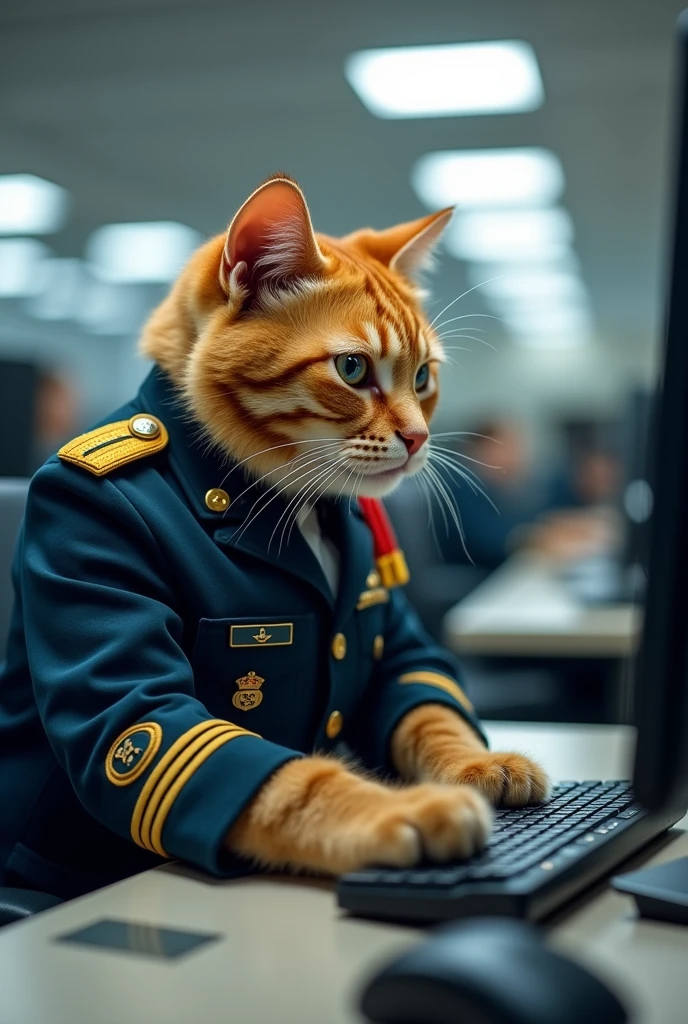 A cat in a military uniform is pressing a keyboard in front of a computer. The surroundings are a workroom full of computers.