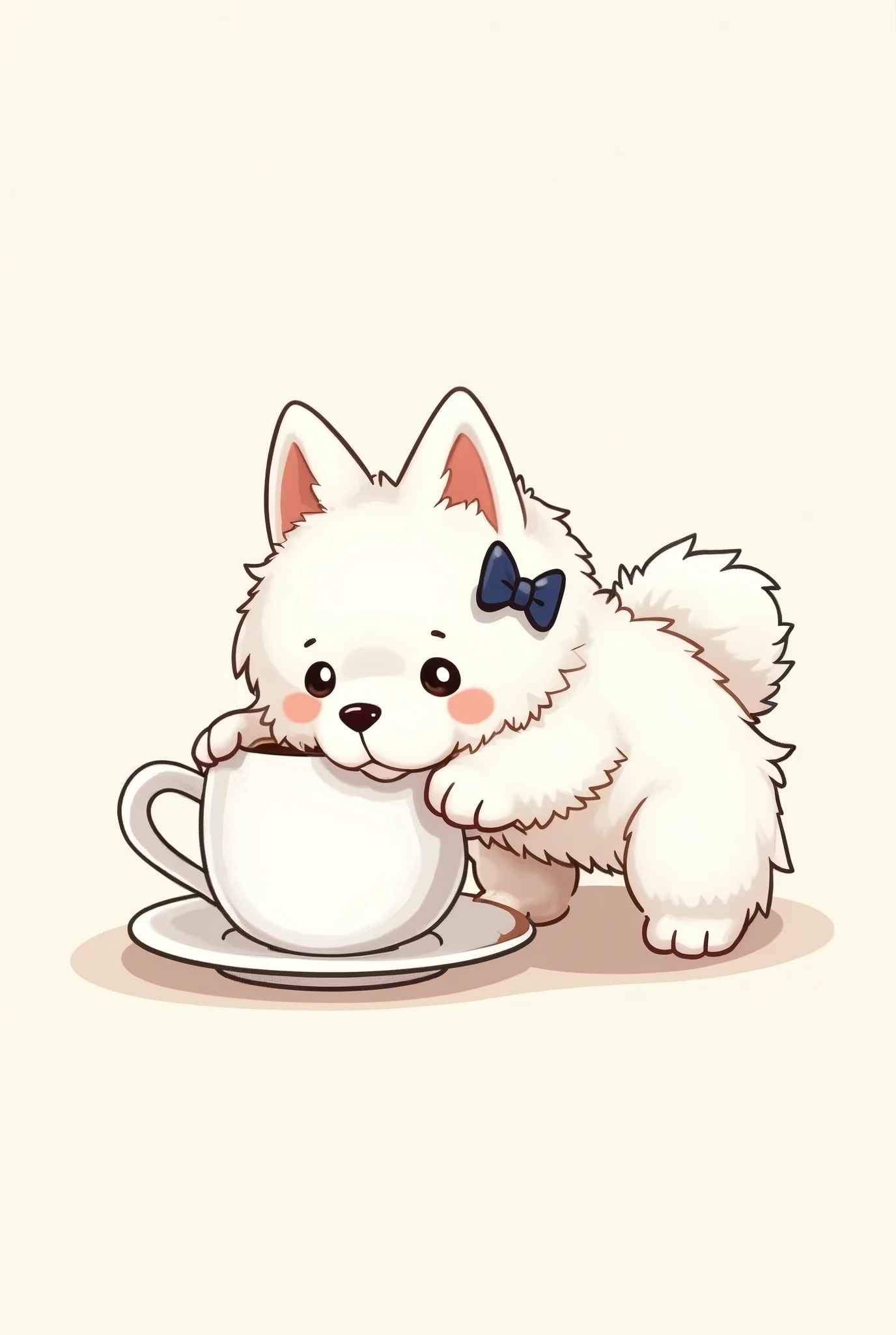 A coffe cup Samoyed hug the cup with a navy bow on an ear. Art by Mschiffer,