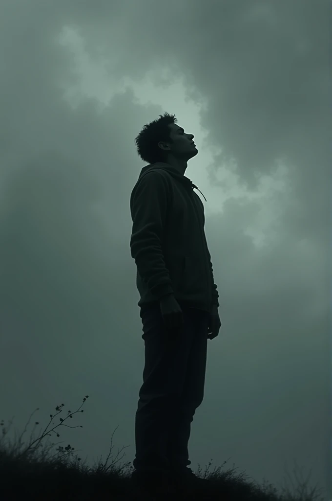 Black silhouette looking at the sky with a dark and depressing atmosphere