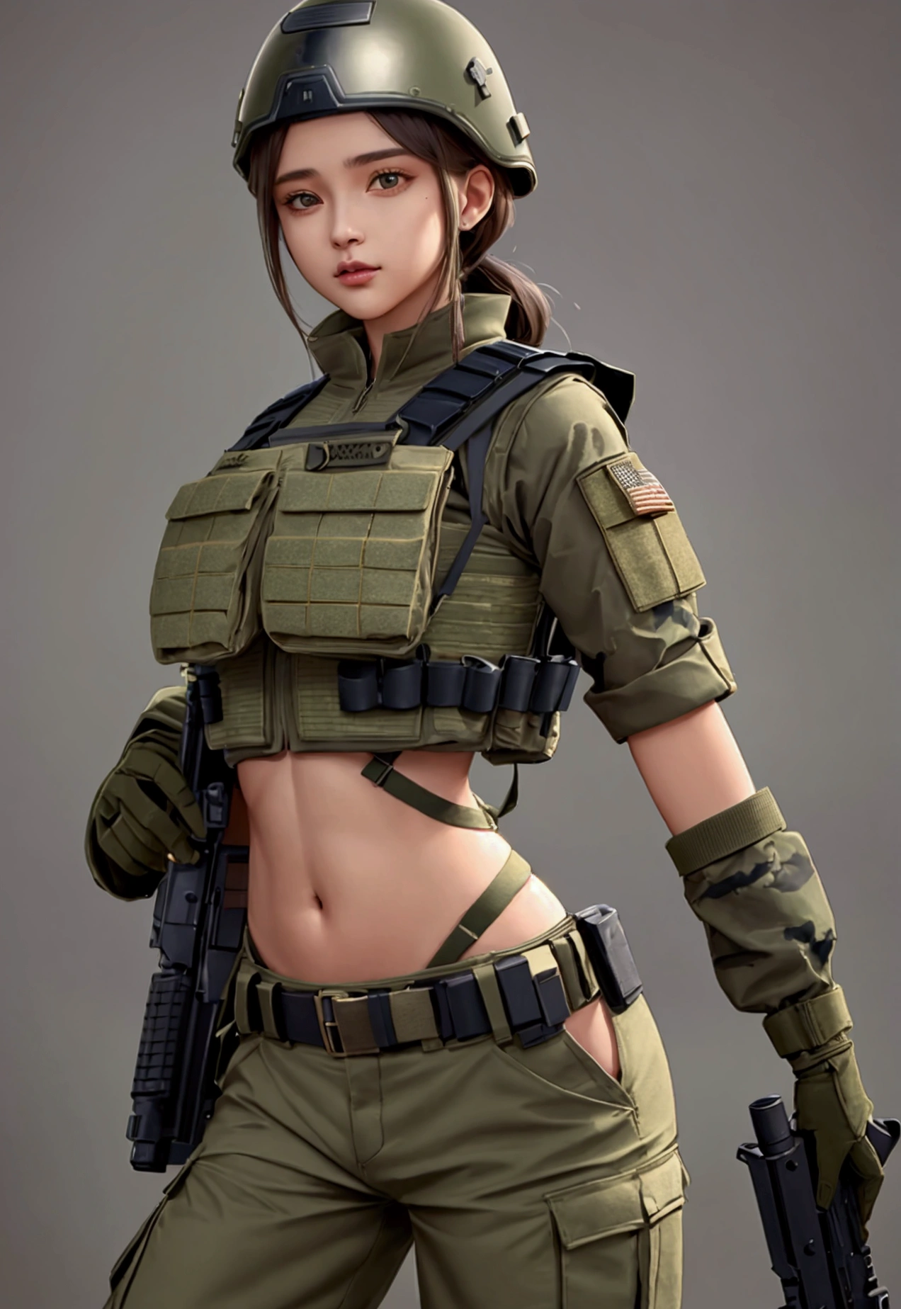 girl in crop top military bulletproof vest , military green cargo pants, belt, military helmet, tactical, (open navel), 