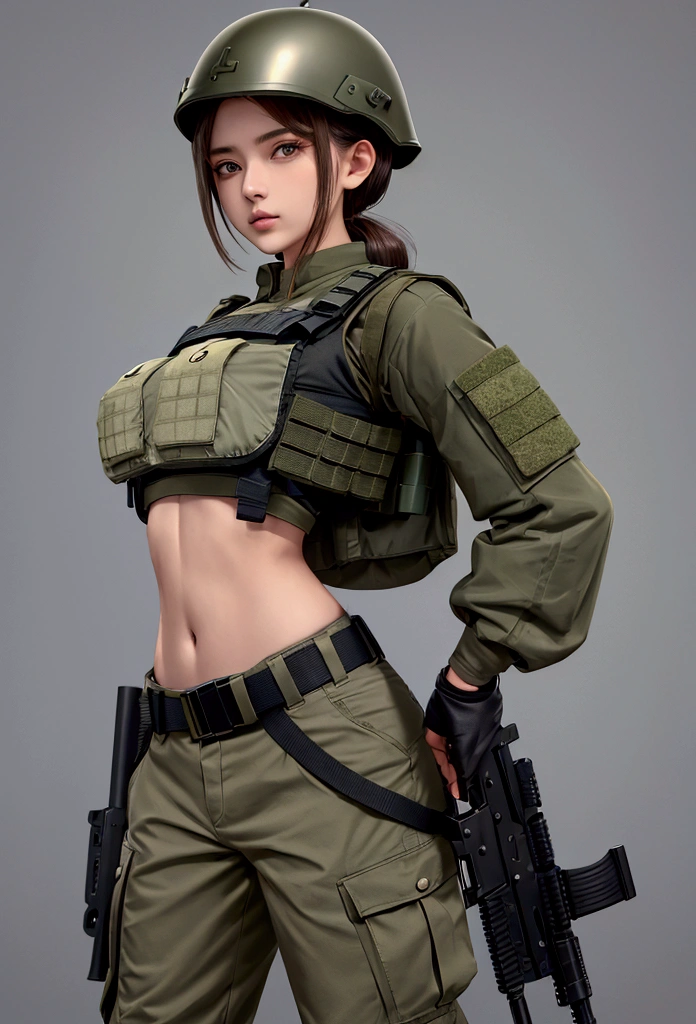 girl in crop top military bulletproof vest , military green cargo pants, belt, military helmet, tactical, (open navel), 