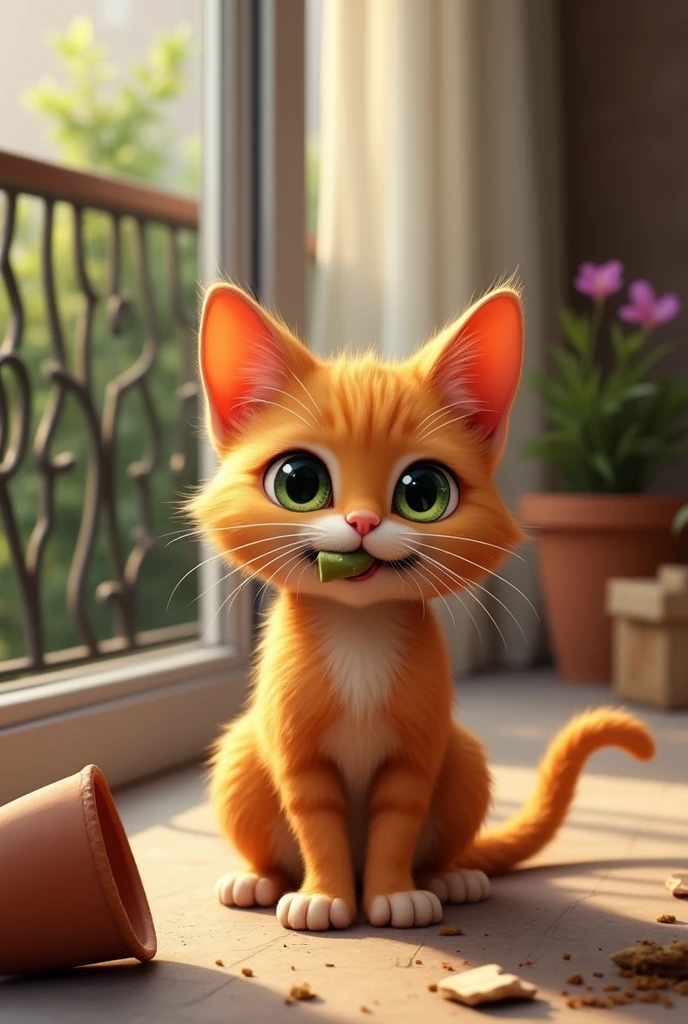 a young ginger cat with dark green eyes sits on a balcony with a cutlet in his teeth, there is a broken flower pot on the floor the dog runs away, the kitchen can be seen in the background, There are purchases on the table