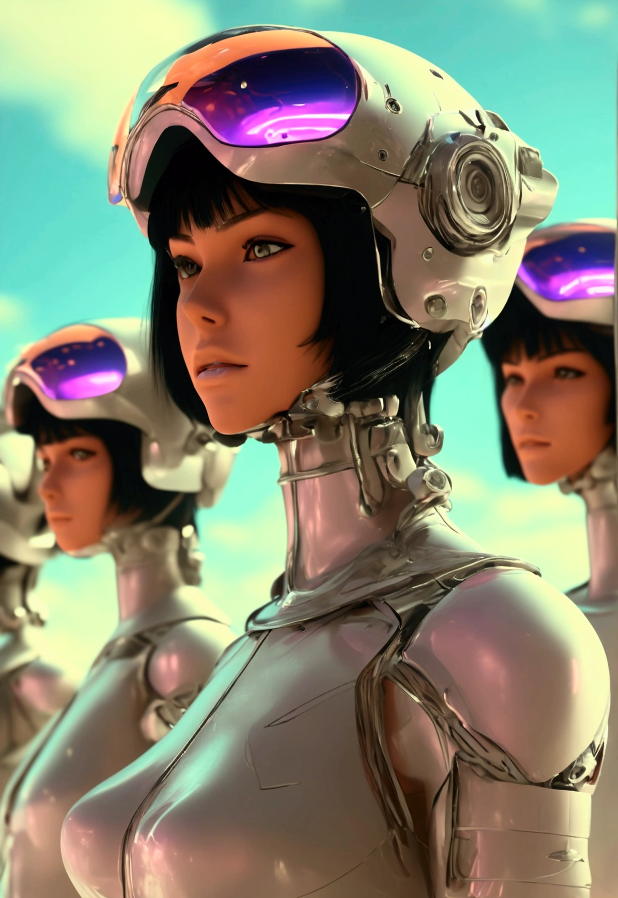 A woman wearing a helmet standing in front of a group of mannequins., cyberpunk art by Jim Burns, society, retrofuturism, daz3d, ps1 graphics, dystopian art