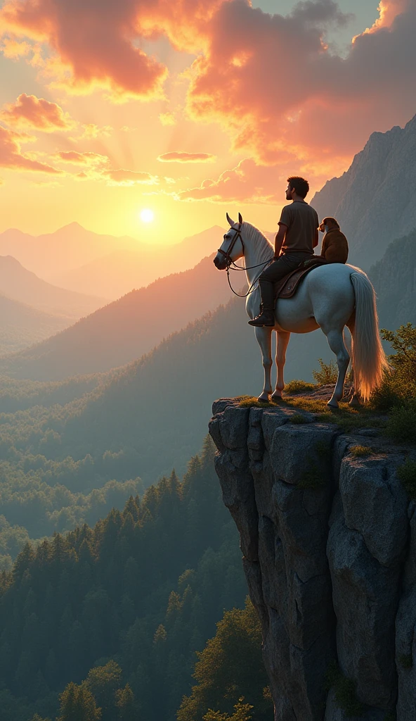 "A photorealistic scene of a young man riding a white horse on a mountain edge, with his loyal dog sitting beside him on the horse. The man is gazing towards a vast, dense forest below. The sky is glowing with orange and pink hues as the sun sets in the distance, casting soft light over the rugged terrain and the trees. The atmosphere is adventurous, peaceful, and filled with the tranquility of nature."
