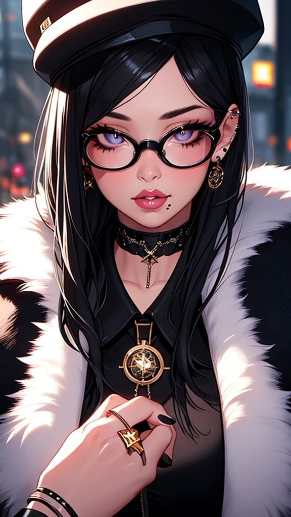 1girl, extremely detailed eyes and face, long eyelashes, beautiful detailed lips, beautiful detailed eyes, close-up, piercing, fur trim, ring, choker, black hair, ear piercing, nose piercing, jacket, lip piercing, black nails, round eyewear, eyebrow piercing, adjusting eyewear, blurry, upper body, looking at viewer, blurry background, mole, hat, fur-trimmed jacket, black jacket, cinematic lighting, photorealistic, 8k, detailed, digital painting, high quality