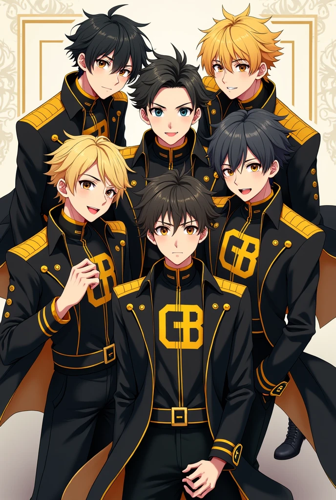 (Anime style) A group of 6 boys wearing black and golden coat G B written on coats
