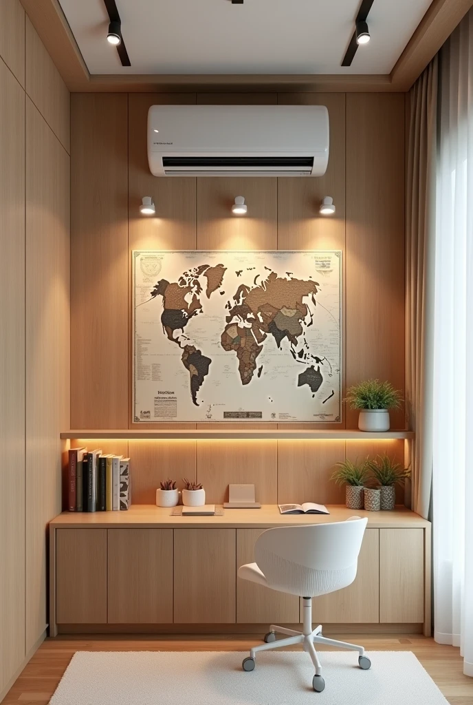 Parede inteira revestida de Mdf louro José, pregado nessa parede em cima bem no meio próximo ao teto tem o Ar-condicionado, embaixo do ar condicionado bem no meio tem o mapa mundi pequeno e embaixo do mapa mundi tem 3 prateleiras com iluminação, embaixo das prateleiras tem um aparador. Ao lado da parede uma janela com cortina branca.