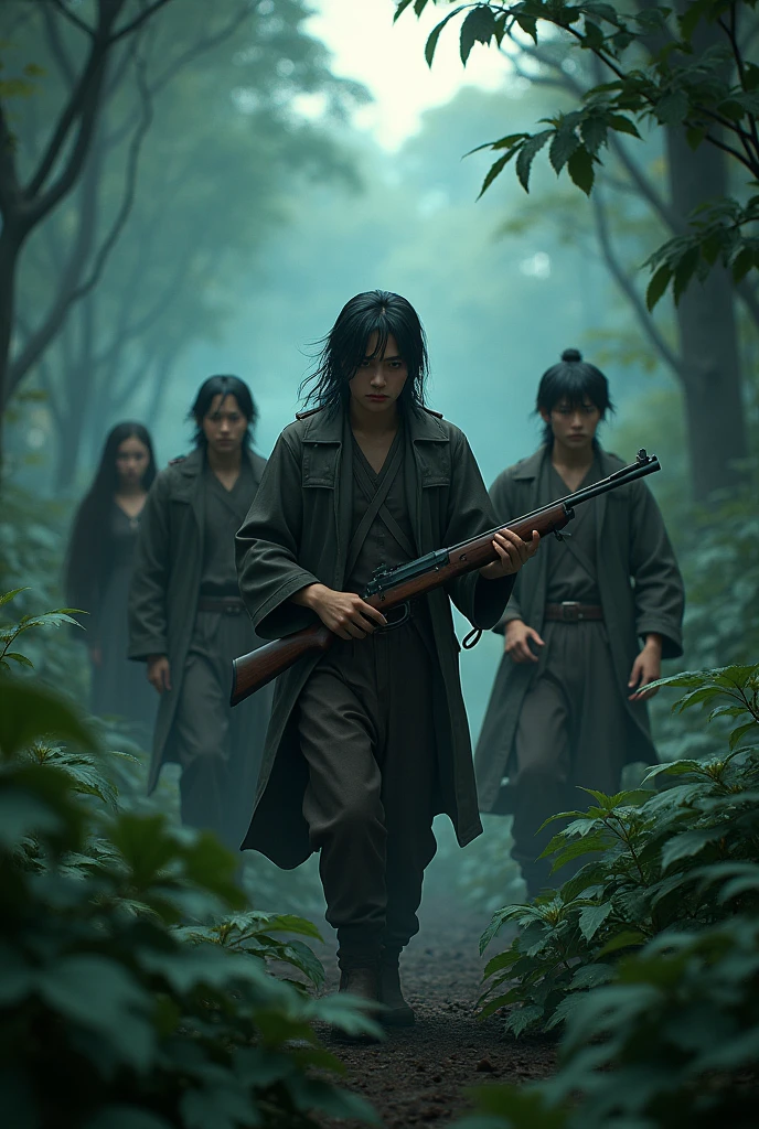 Photorealism 1.2 high definitions  face detailing 4 male at forest Asian jungle hunting one of them holding rifle moonlight effect dusk fog hunting in action dark background night headlamp naked women following them at back with long hair face not clear