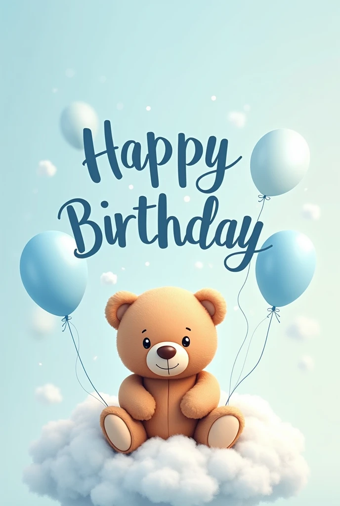 Create e birthday invitation card for a one year old baby boy with light blue color scheme.include one teddy bear and balloons and add happy birthday as well and make it child friendly
