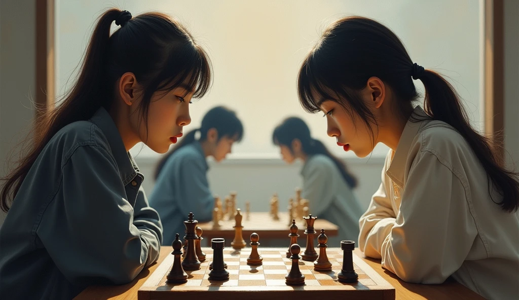 A stunning and oil painting of two young beautiful Korean women, age 16-18, beautifully portrayed with a tensed and melancholic expression are locked in a tense chess match. The chessboard between them is a battlefield of strategic maneuvers and calculated risks. Each move is deliberate. The only sounds are the soft clinks of chess pieces and the occasional murmur of contemplation, as both players remain deeply focused on the game, there are other matches going on in the background. the background is little blur. The atmosphere is charged with concentration and quiet intensity.. wide angle, adding to the sense of unease. The painting exhibits a real-like, impressionistic style, with visible brush strokes that create a sense of depth and texture. The color palette primarily consists of warm tone, grays, and blacks, evoking a light atmosphere.