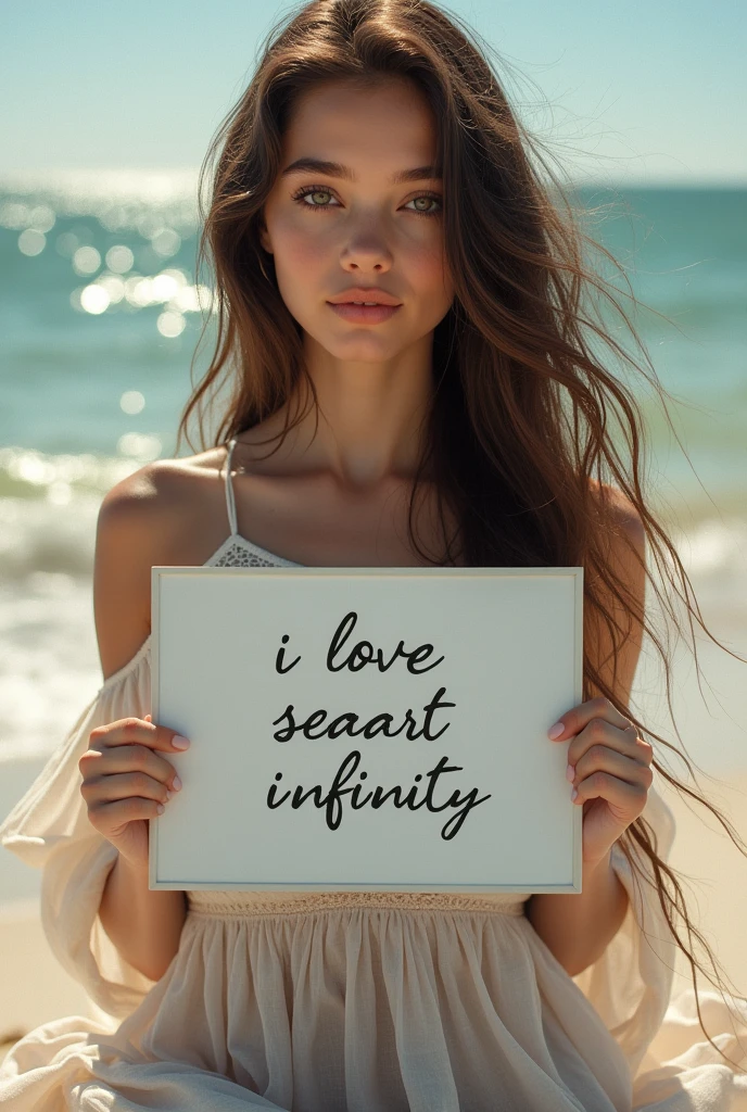 Beautiful girl with wavy long hair, bohemian dress, holding a white board with text "I Love Seaart Infinity" and showing it to the viewer