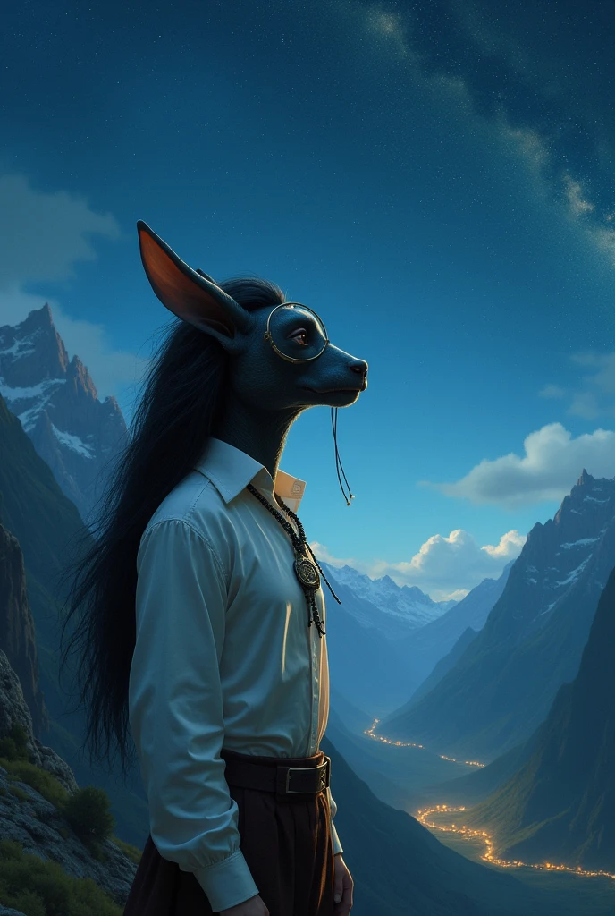 Black-haired horse with human torso and the head of an Indian man. He wears an old-fashioned white shirt, a monocle, and watch the stars from a valley.