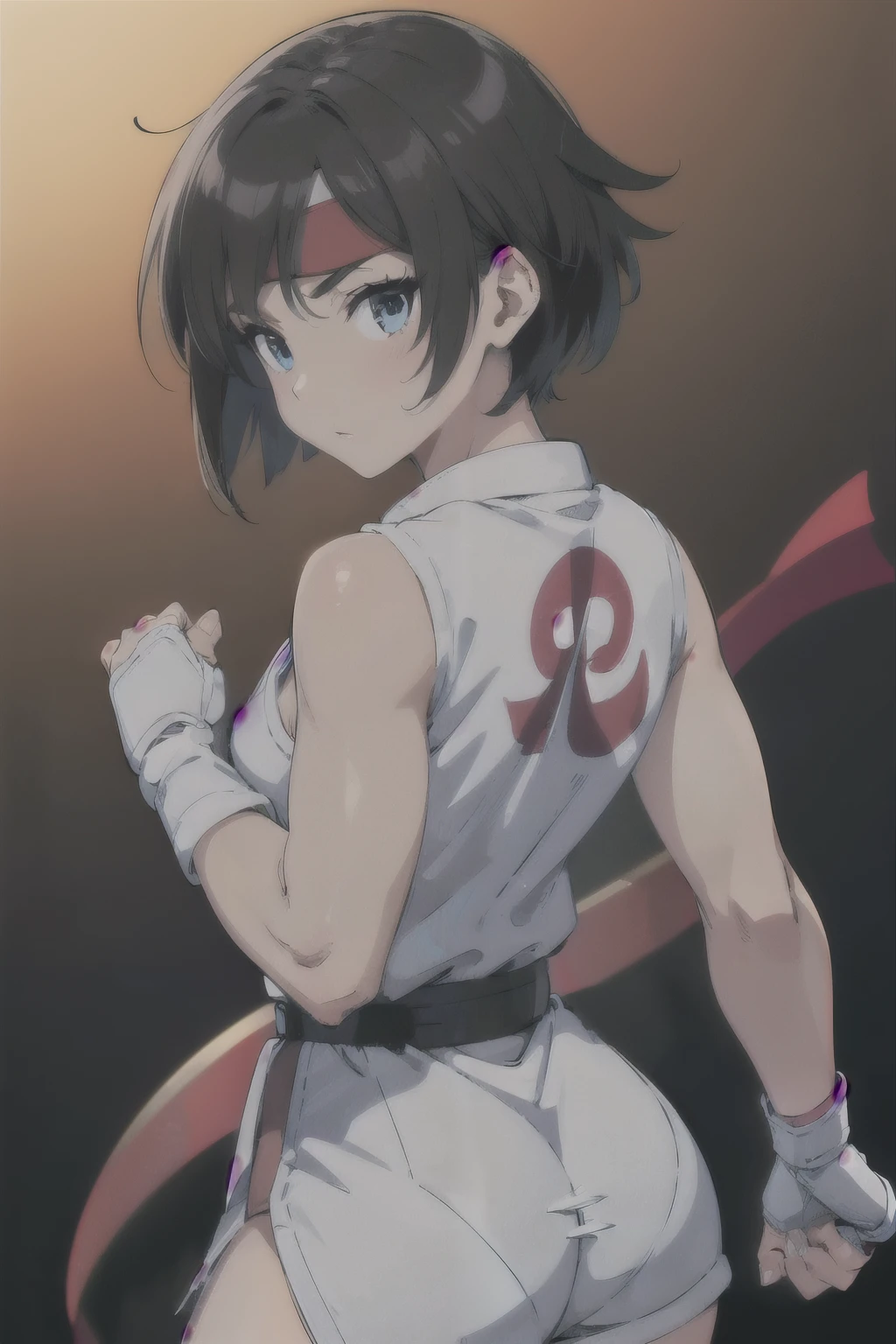 (masterpiece, best quality:1.2), cute eyes, perfect face, highres, 1girl, solo, ryu \(sf\), (female:1.5), black hair, short hair, white dougi, karate uniform, fingerless gloves, red headband, back pose, portrait, back at the viewer, cowboy shot