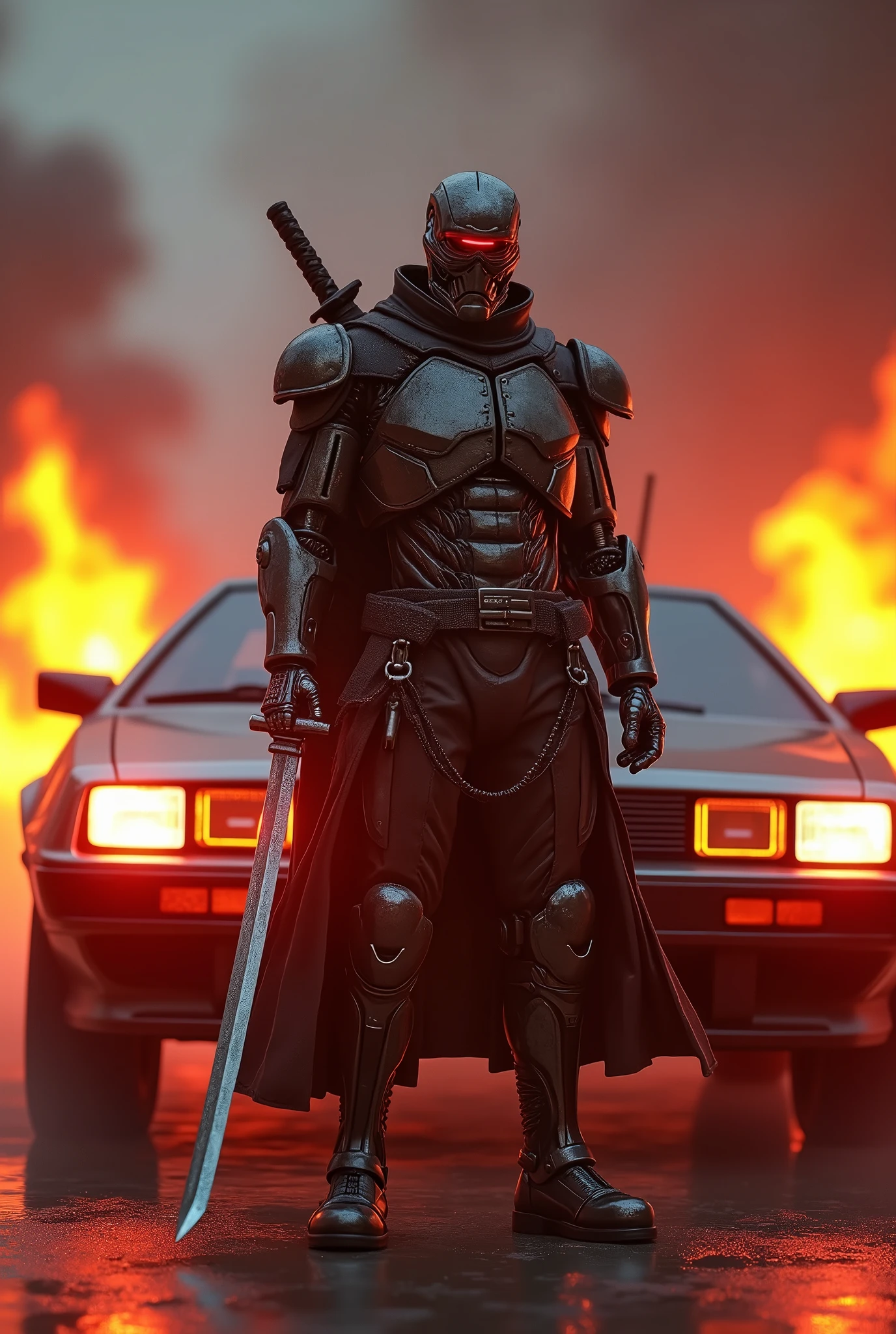 Terminator avec un oeil rouge, en samurai devant une dolorean, des flammes en arrieres plan, delorean du futur