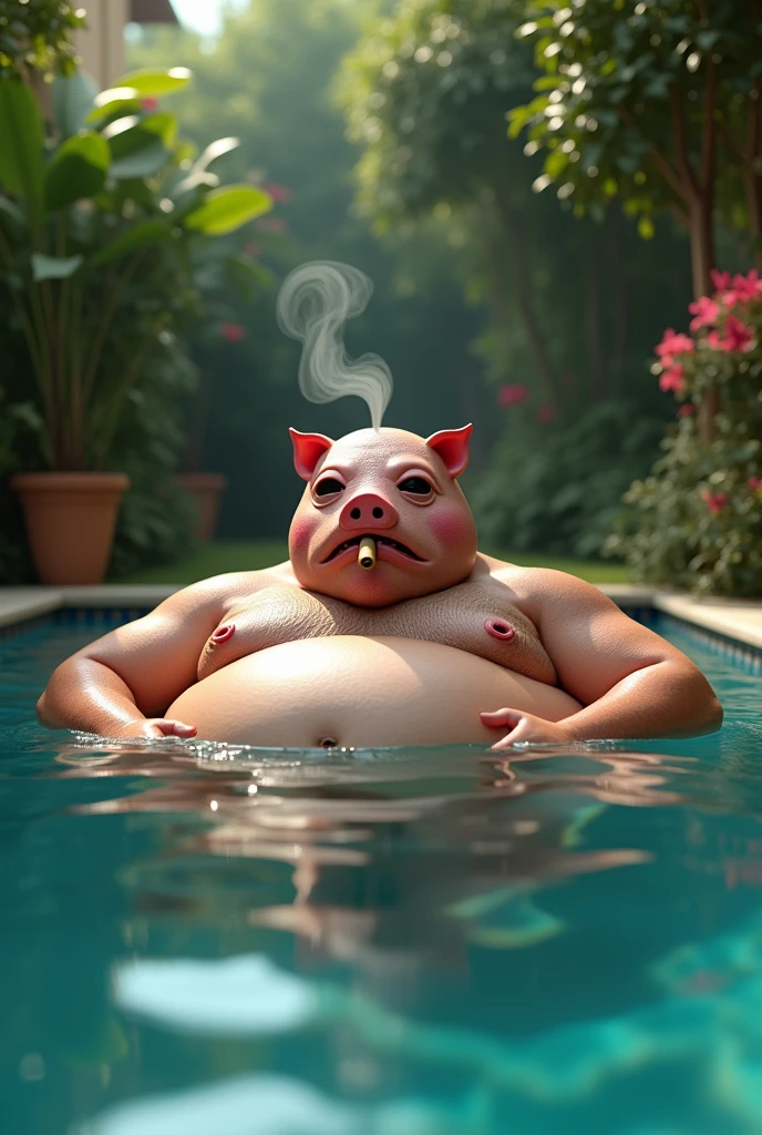 A fat man with a pig mask smoking a cigar swimming in a pool