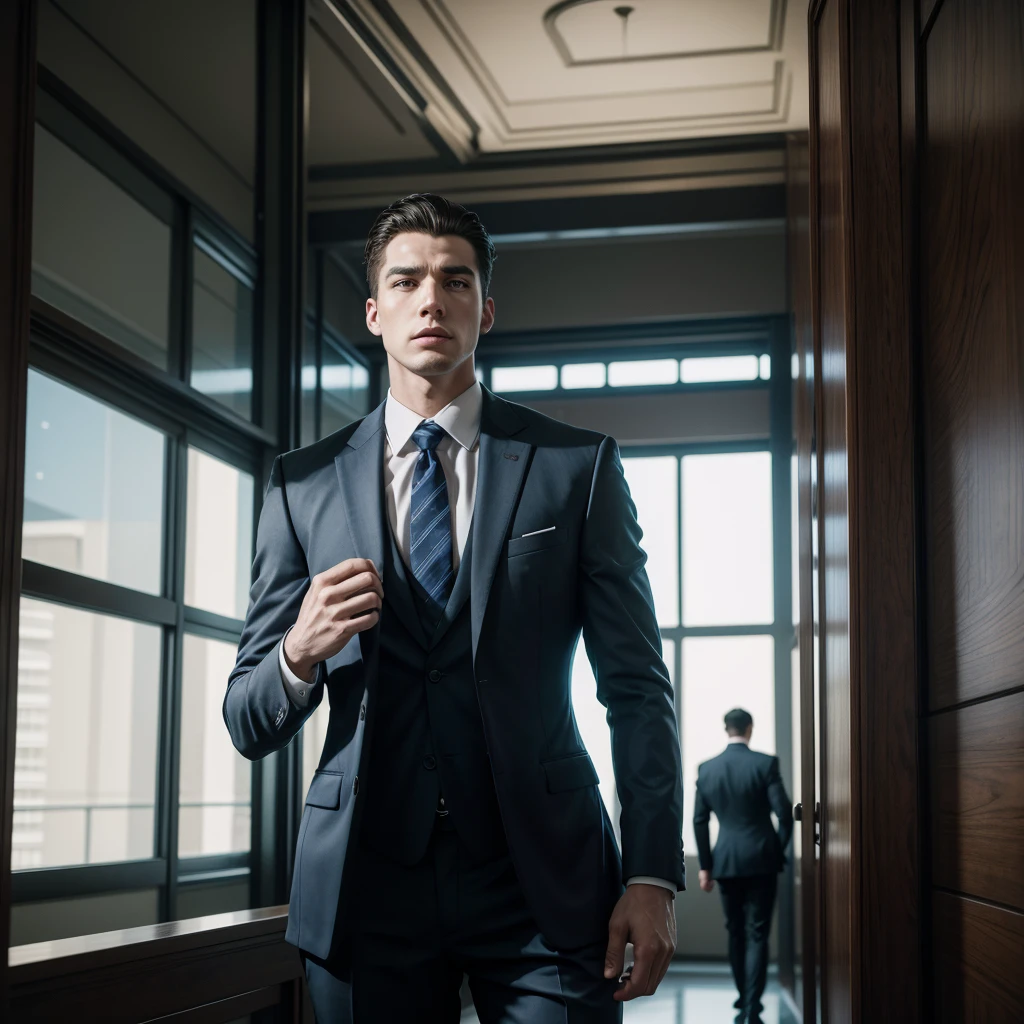 Two tall, strong men in suits facing each other, with an ass