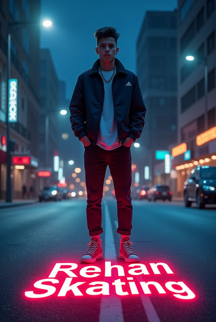 A stylish 17-year-old boy is standing on a city street at night. He is wearing a sleek pair of skating shoes, and the street around him is dimly lit by streetlights. The boy has a confident posture, with a cool and modern style. The road in front of him has the words "REHAN SKATING" written in bold, colorful, and vibrant letters, illuminated with a glowing effect, making the text stand out in the night. The cityscape in the background is slightly blurred, emphasizing the boy and the neon-lit words on the road.