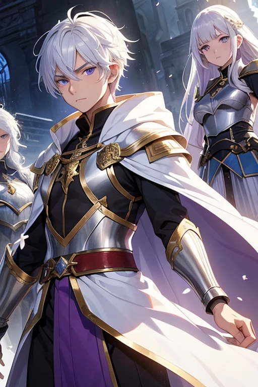 A young man with silver hair, violet eyes, pointed ears, golden skin, mithril armor, white cloak and double-edged sword, and three different female warriors in a battlefield, anime style, with the man changed according to the user's description