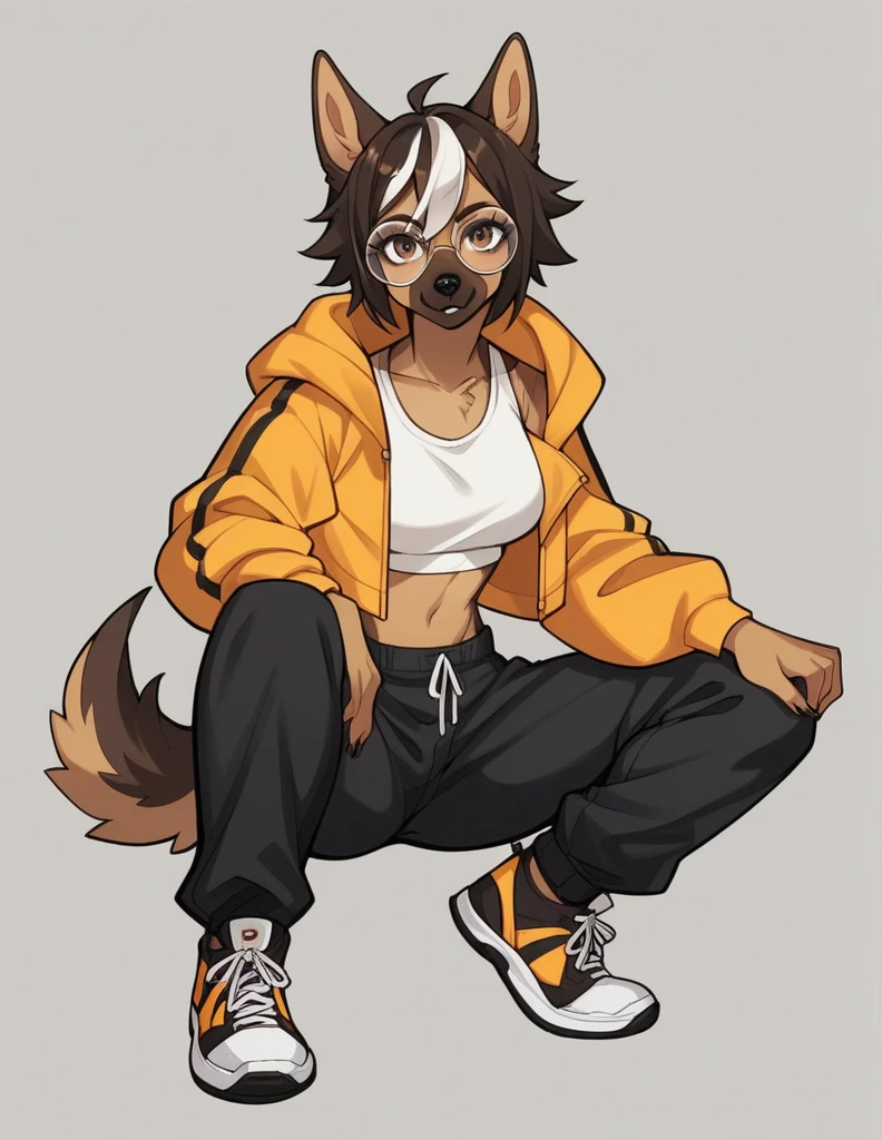 solo, score_9, score_8_up, score_7_up, score_6_up, score_5_up, source_anime, score_4_up, German Shepherd Anthro, Female One, perfectbody, Medium chest, chestnut hair, white streak in bangs, brown dark eyes, cropped preto, elongated fur-lined jacket, baggy pants (black pants), looking at the viewer, round glasses (white glasses), black sneakers (brown sneaker sole)